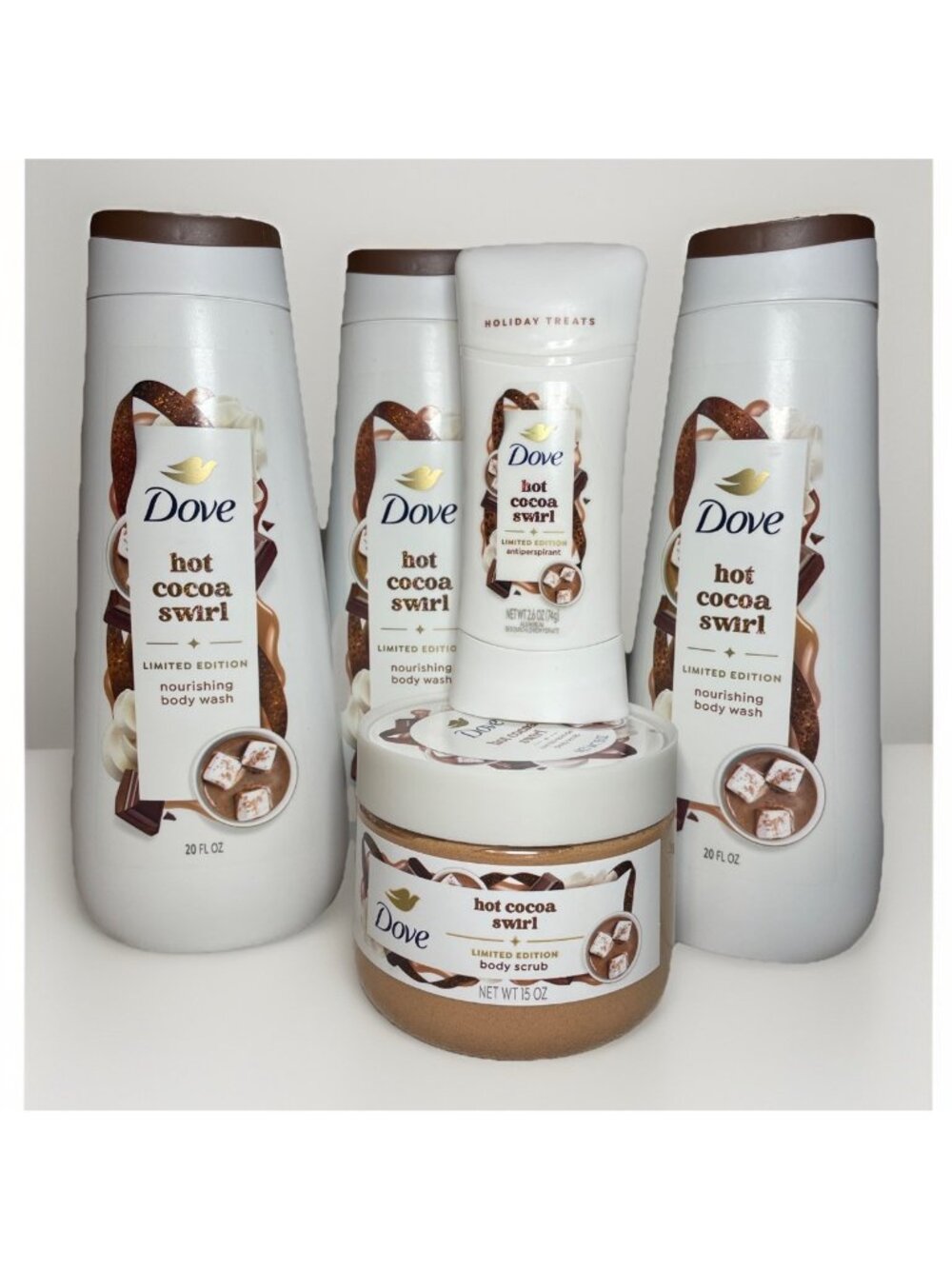 Dove Ltd Ed Holiday 3 Body Wash Hot Cocoa Swirl + 1 Body Scrub + 1Antiperspirant